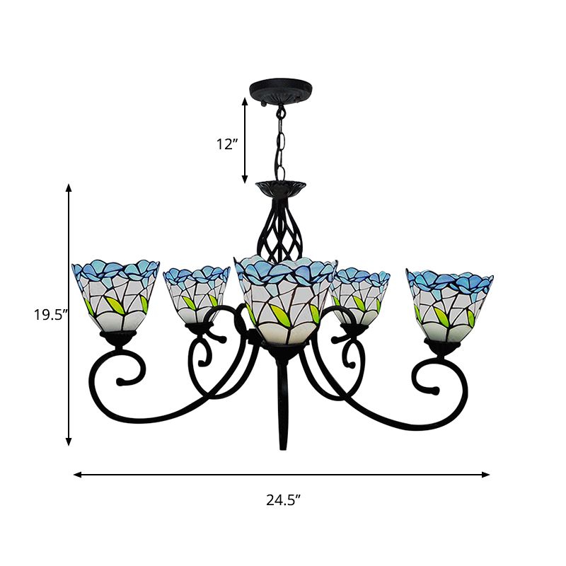 5 Heads Floral Ceiling Chandelier Light Tiffany Style Stained Living Room Pendant Light in Blue