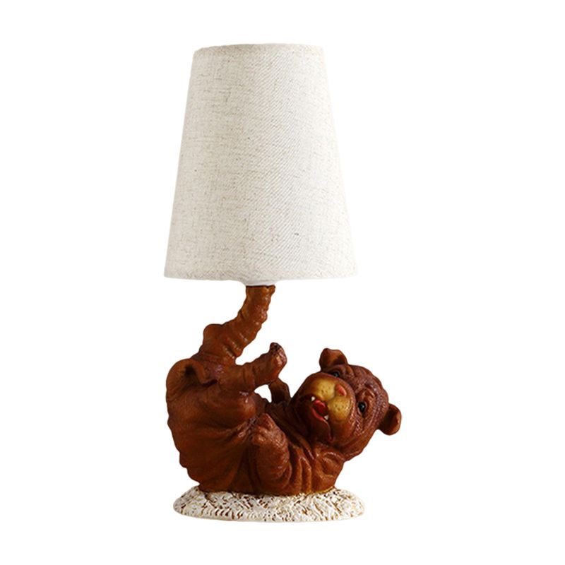 Resin Shar-Pei Dog Table Light Rural 1 Light Bedroom Nightstand Light in Brown with Cone Fabric Shade