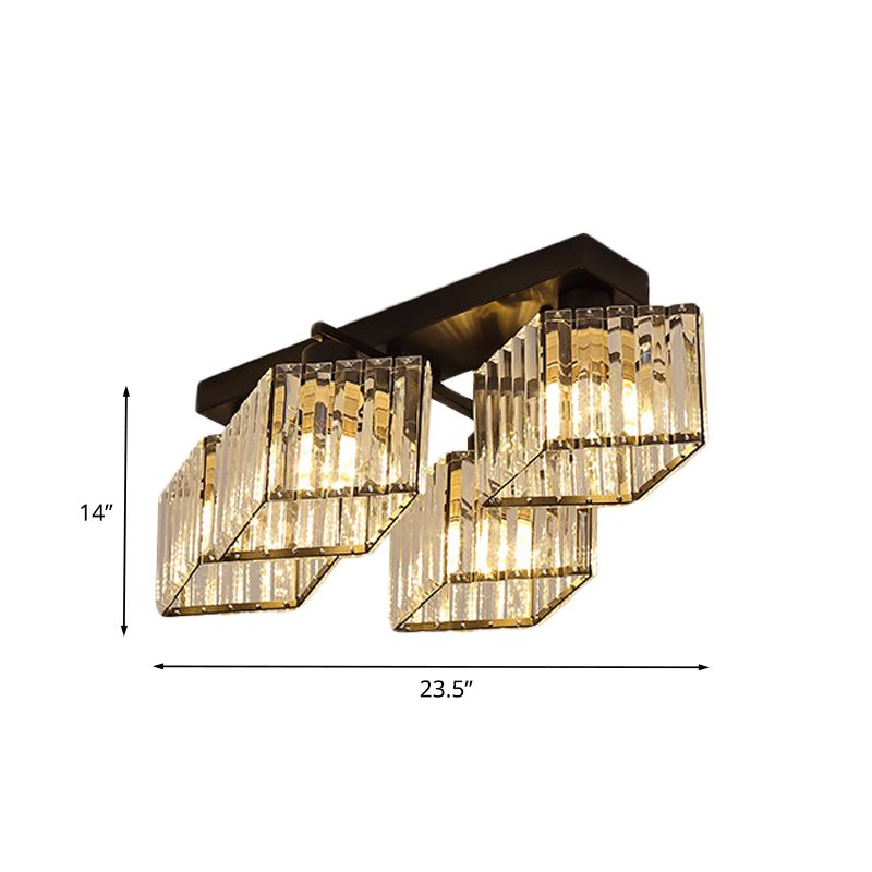 Black 4/5-Bulb Flush Chandelier Modern Crystal Prism Parallelogram Semi Mount Lighting