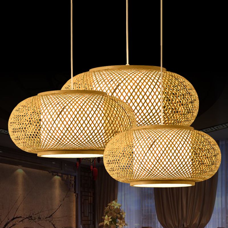 Bamboo & rattan tissage tambour léger léger style asiatique 1 léger accent pendentif en beige