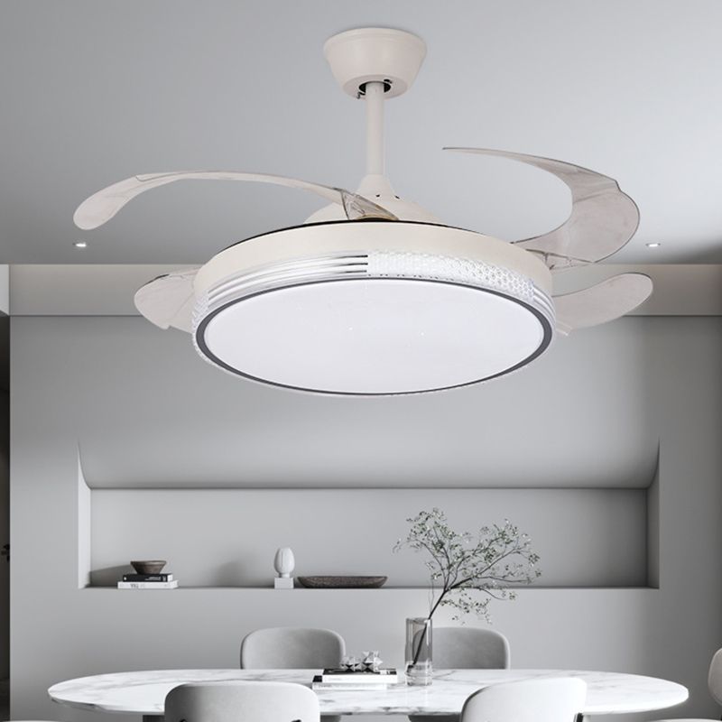 Retractable LED Ceiling Fan Modernism Drum Fan Light in White Finish