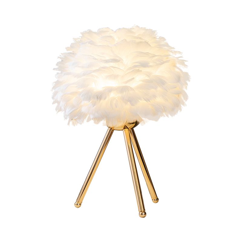 Bloom Nightstand Lamp Nordic Feather Single White/Pink Table Light with White/Gold Tripod for Bedroom