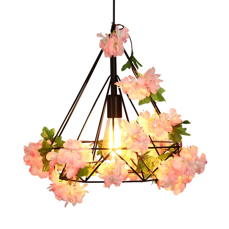 Diamond Metal Suspensions Cipante Antique 1 Head Restauranti Luce a soffitto a LED in nero con fiore di ciliegio, 10 "/15"/18 "W