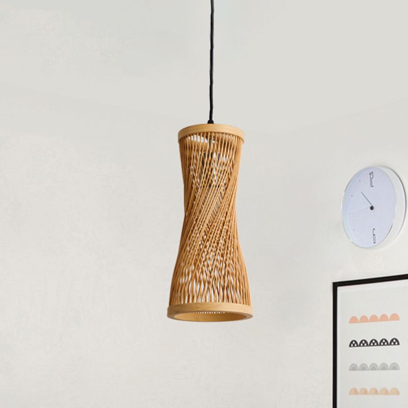 Bamboo Cylinder Hanging Lamp Chic Modern Hanging Pendant Fixture in Beige for Dining Room