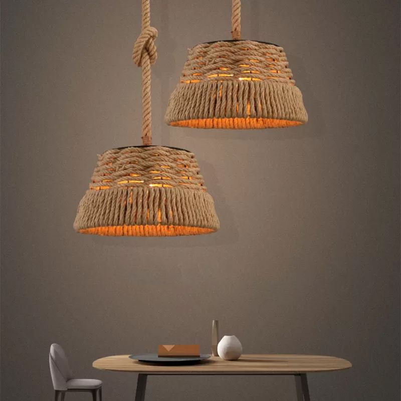 Hand-Weaving Rope Tapered Pendant Rustic 1 Bulb Country Club Ceiling Hang Light in Brown