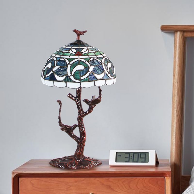 Stained Glass Dome Table Light Tiffany Style 1 Light Coffee Kapok Patterned Night Lamp with Tree Design