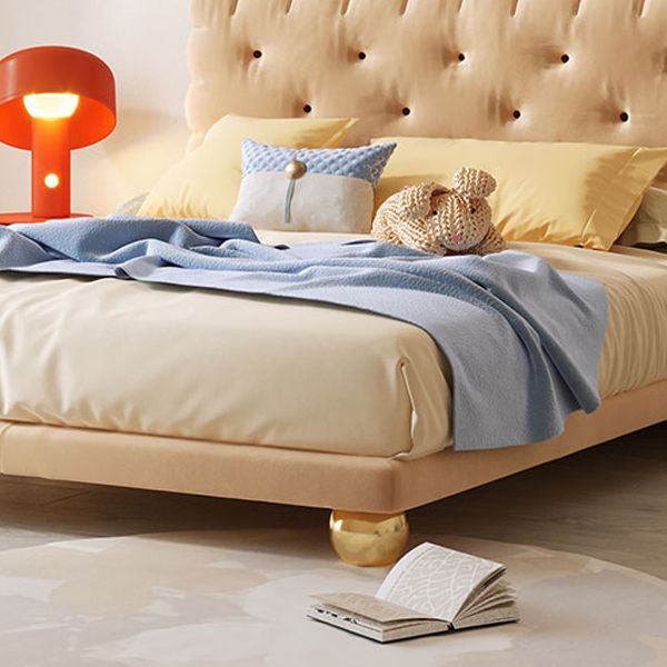 Brown Upholstered Bed Frame Modern Cookie Shaped Heaboard Standard Bed