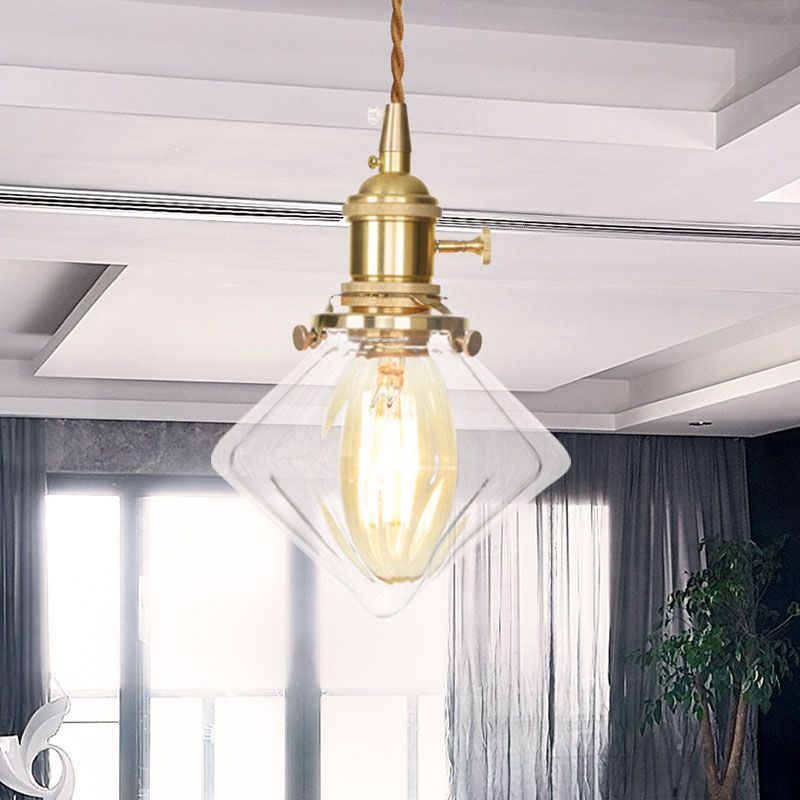 Single Light Gem Suspension Light with Clear Ribbed Glass Vintage Pendant Light in Brass