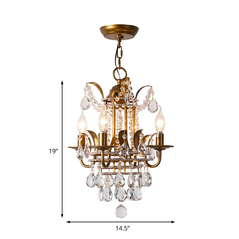 4 Lights Corridor Chandelier Light Modern Gold Hanging Lamp with Candle Crystal Drop