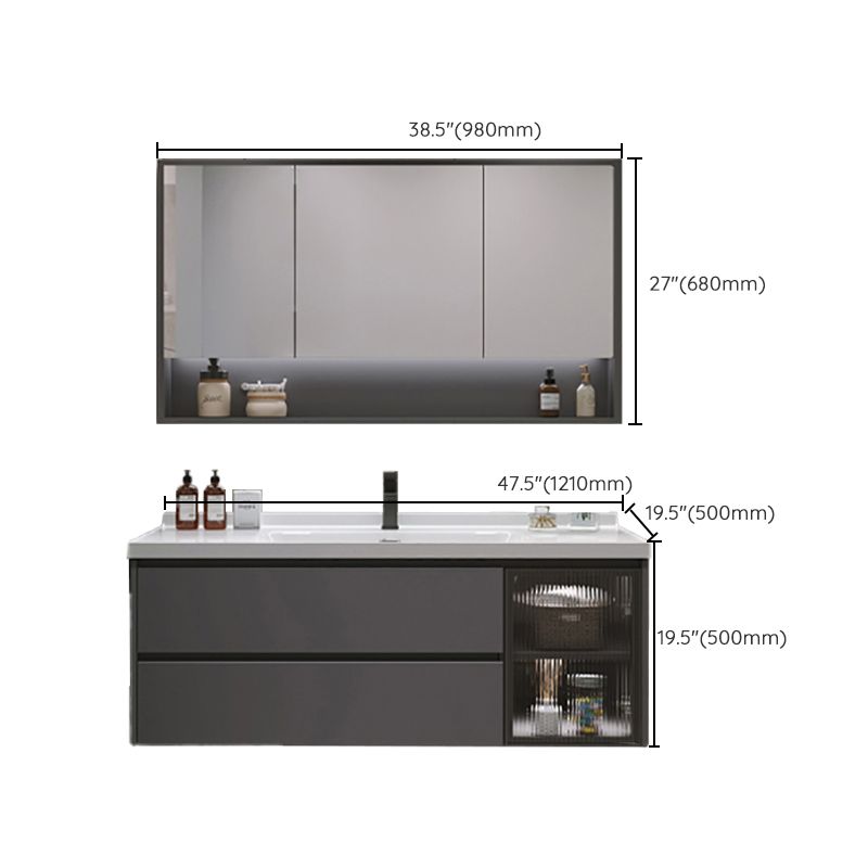 Grey Bath Vanity Wood Frame Mirror Single Sink Wall-Mounted Bath Vanity with 2 Drawers