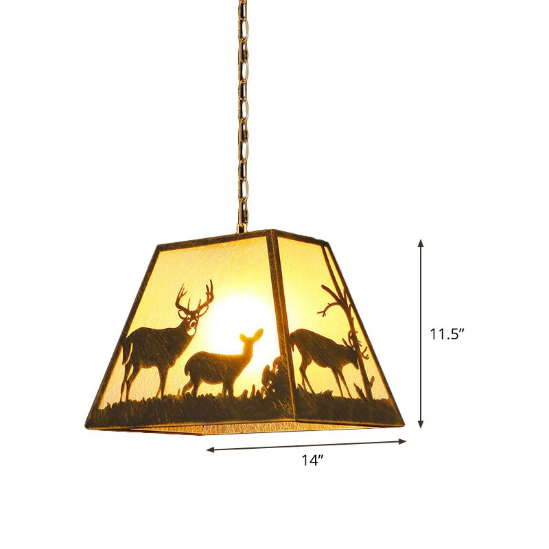 Rustic Trapezoid Pendant Lamp 1 Light Metal Hanging Light Fixture in Brown for Restaurant with Elk Pattern