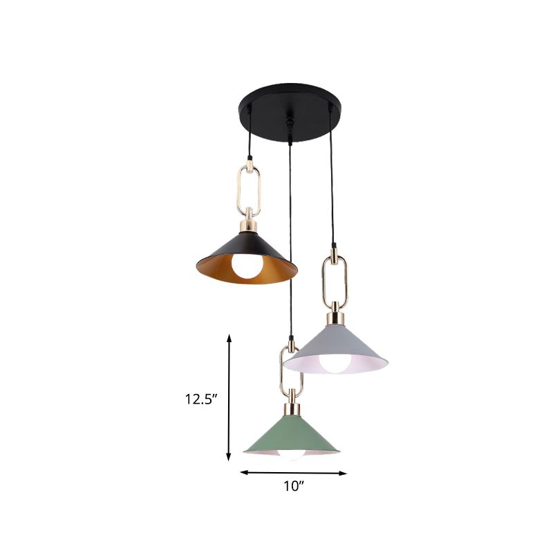 Flare coloré pendante multiclante macaron 3 bulbes lampe suspendue en fer avec une canopée ronde / linéaire noire