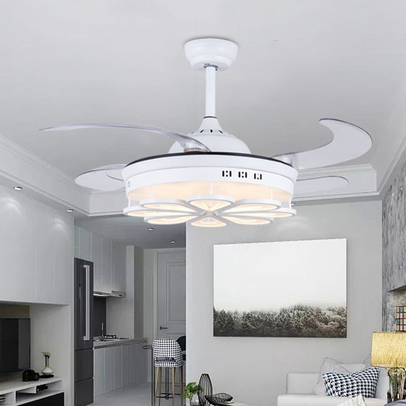 42" W White Floral Shape Fan Lighting Modernism Metal LED Bedroom 4 Blades Semi Flush Ceiling Light, Remote Control/Frequency Conversion and Remote Control