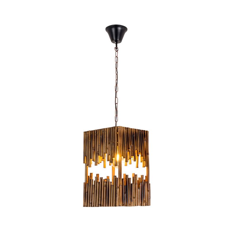 Bamboo Tube Cuboid Suspension Light Industrial 1 Bulb Restaurant Ceiling Pendant Lamp in Brown