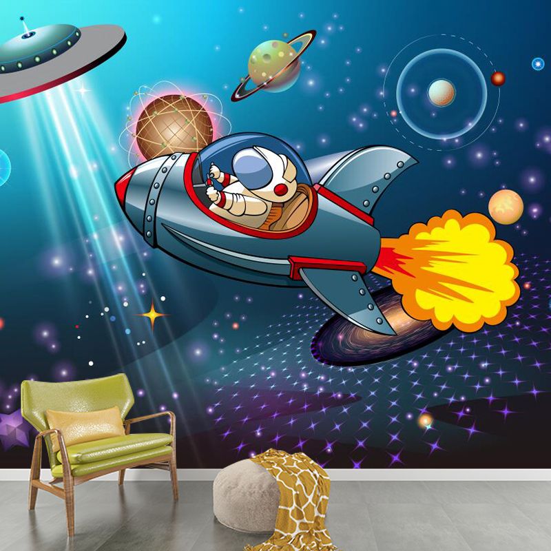 Blue Childrens Art Wall Murals Large Cartoon Astronaut Patterned Wall Decor for Nursery