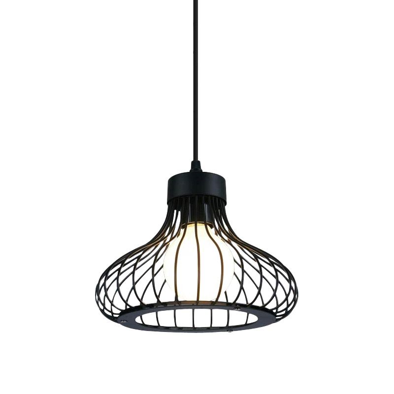 1 Light Onion Ceiling Hanging Light with Wire Cage Retro Black Metal Pendant Lighting for Kitchen