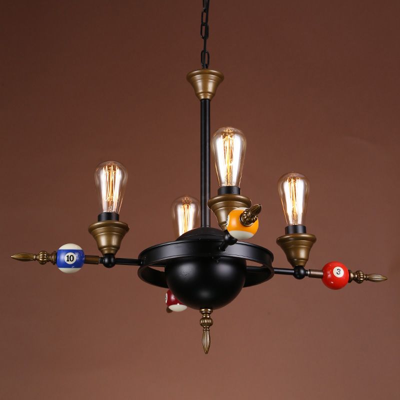 Exposed Bulb Metal Chandelier Lighting Industrial 4/6 Light Dining Room Pendant Lighting in Black with Wheel Shelf