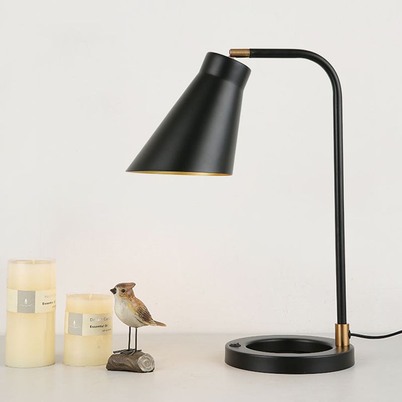 Angled Shade Table Light Minimalist Metal 1 Bulb Black Night Lamp with Squared Stand and Ring Base