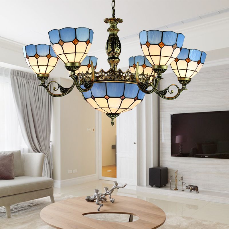 Blue 9 Lights Pendant Chandelier Nautical Stained Glass Dome Ceiling Light for Living Room