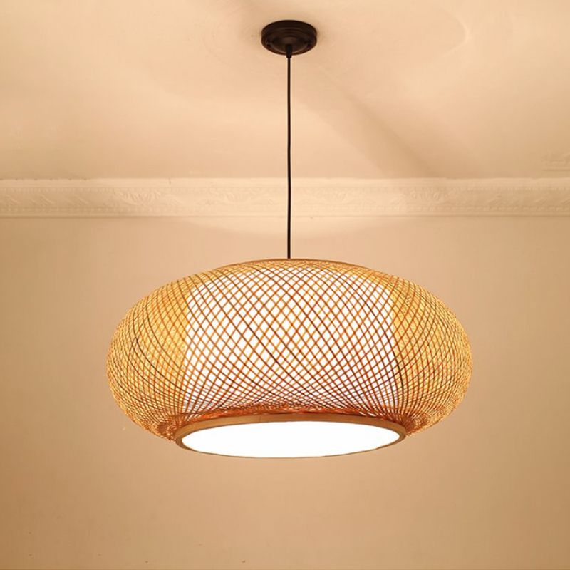 Curved Drum Bamboo Pendant Light Asian Stylish 16"/19.5" W 1 Light Beige Hanging Lamp for Living Room