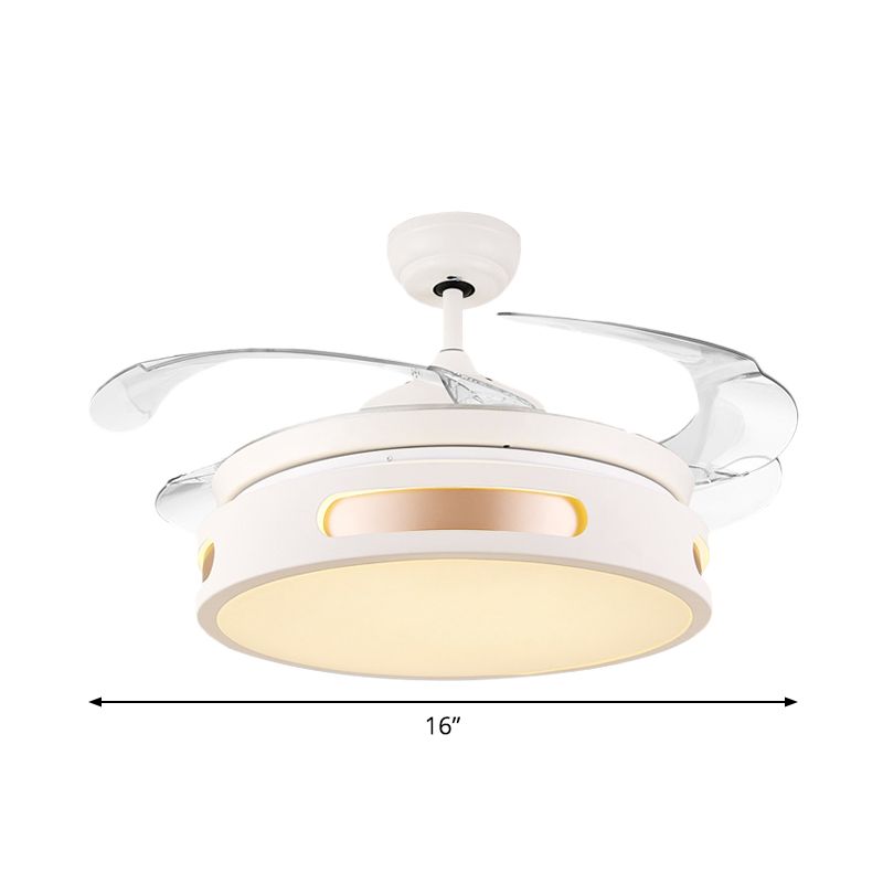 16" Wide Acrylic Drum Semi Flush Light Fixture Modernist LED White Ceiling Fan Lamp with 4 Blades