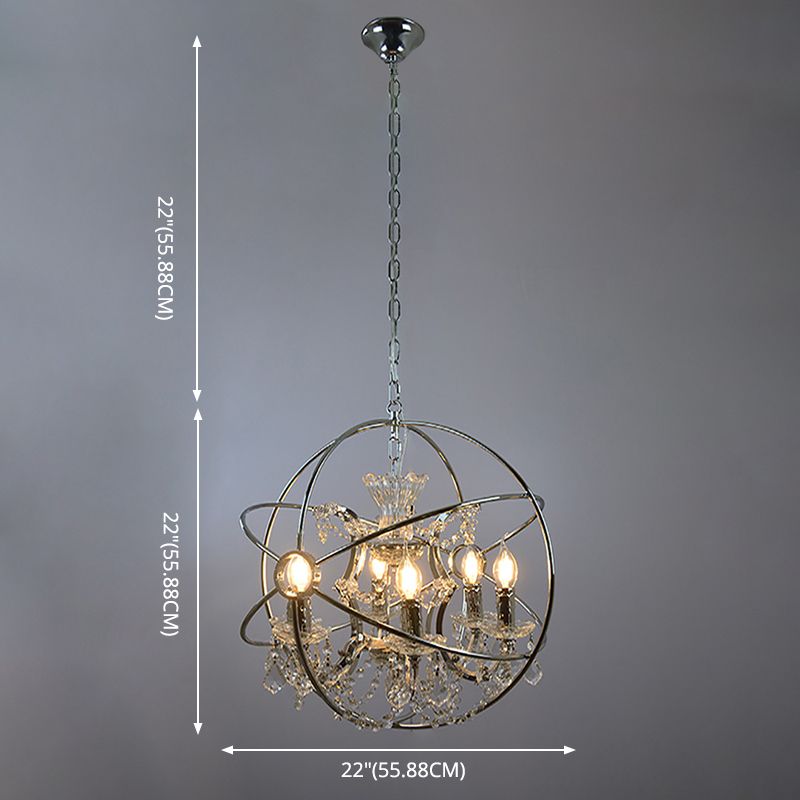 Rustic Chrome 6 Light Pendant Light Strap Globe Metal Cage Shade Hanging Lamp for Living Room