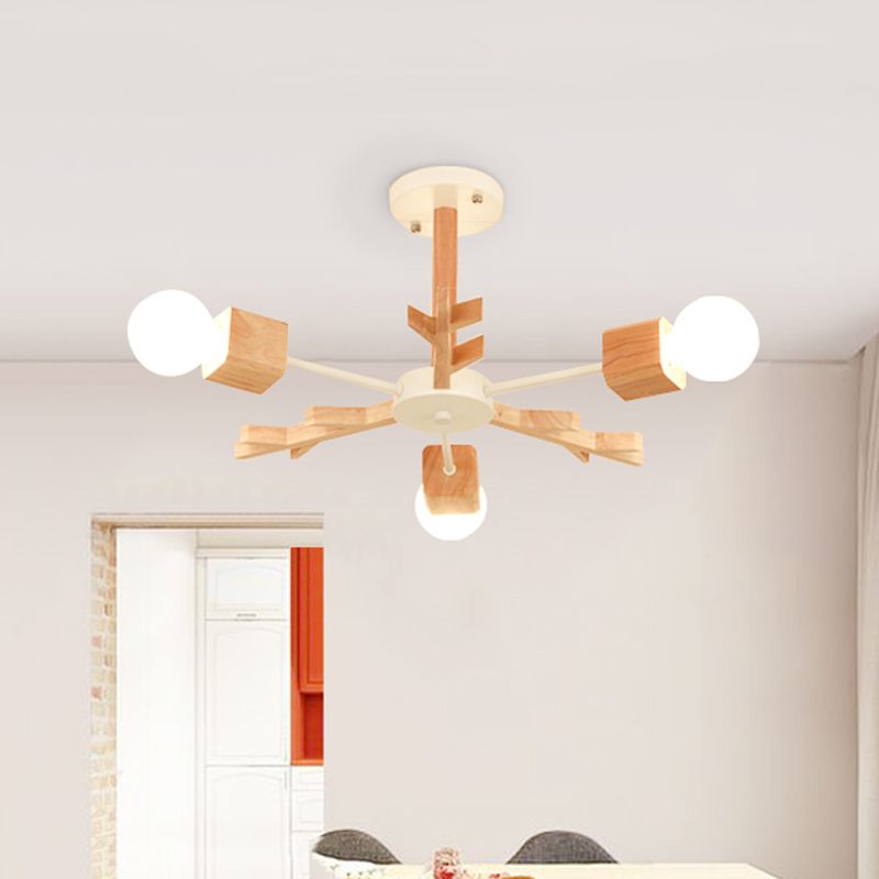 Nordic Starburst Semi Flush Light Wood 3/6 Heads Living Room Ceiling Mount Chandelier with Exposed Bulb Design