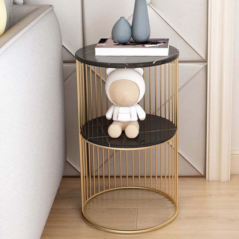Round Stone Top Nightstand Contemporary Metal Night Table with Shelves