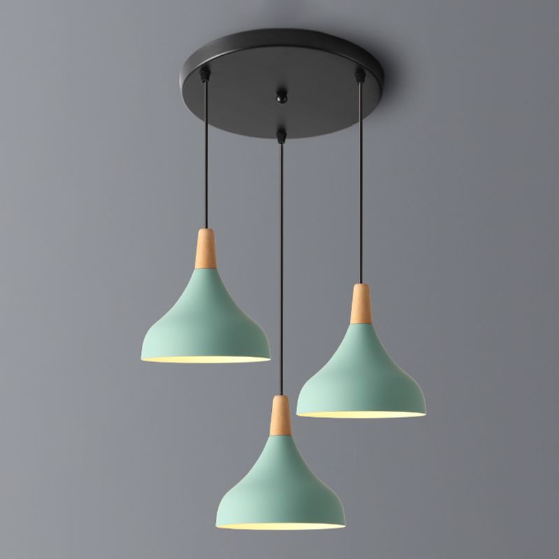 Swell Shape Pendant Light Macaron Metal 3-Head Multi Hanging Light Fixture with Wood Tip