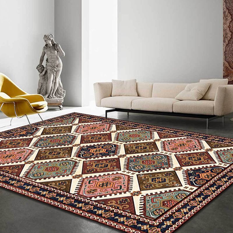 Moroccan Home Rug Brown Tribal Geometrical Pattern Rug Polyester Washable Non-Slip Pet Friendly Area Rug