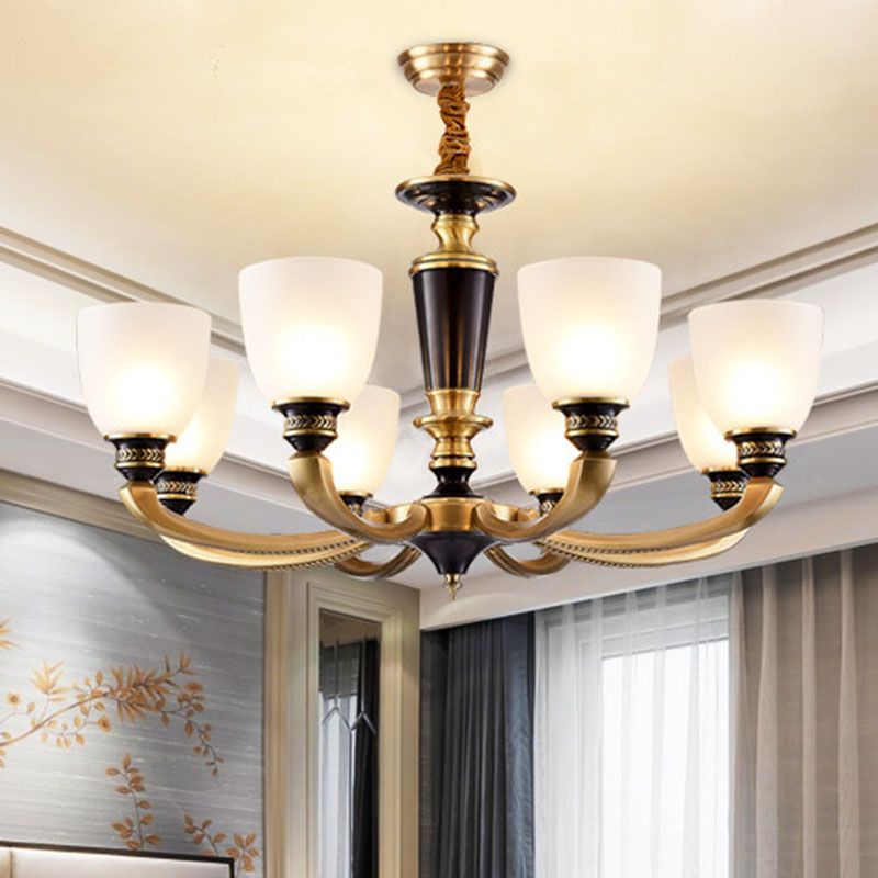 Simplicity Chandelier Lamp Brass Bowl Suspension Lighting Fixture with White Frosted Glass Shad