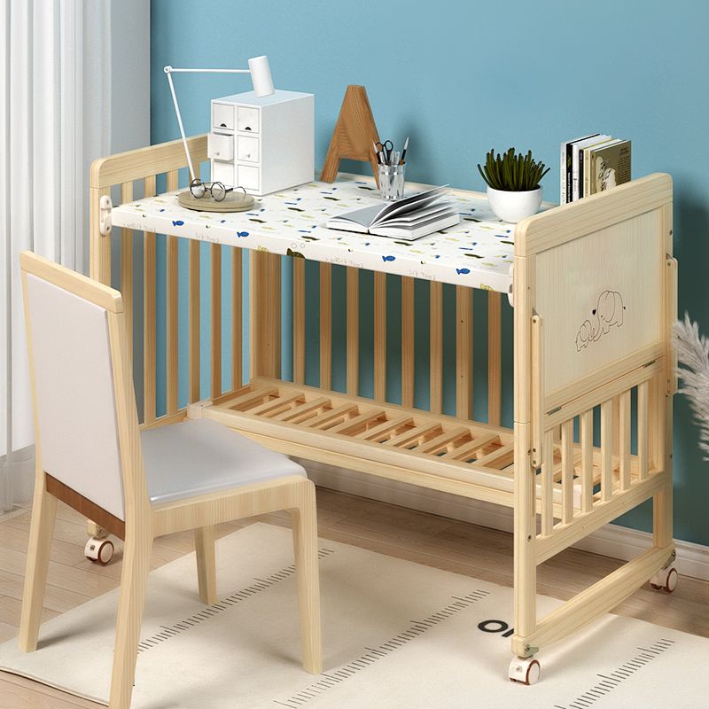 Contemporary Natural Toddler Bed Solid Wood Baby Bed with Wheels