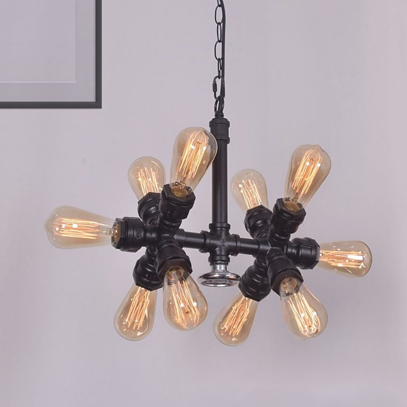 Exposed Bulb Chandelier Light Farmhouse Style Metal 10 Heads Black Pendant Lamp with Sputnik Design