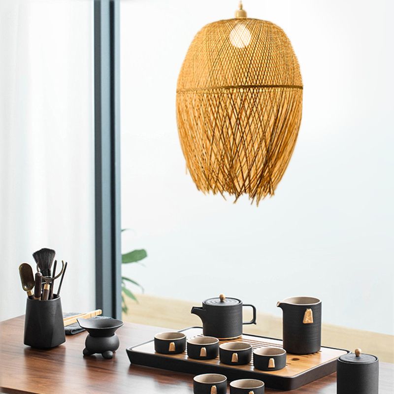 Beige Hand-Worked Pendant Chinese Style 1 Bulb Bamboo Hanging Light for Dining Table