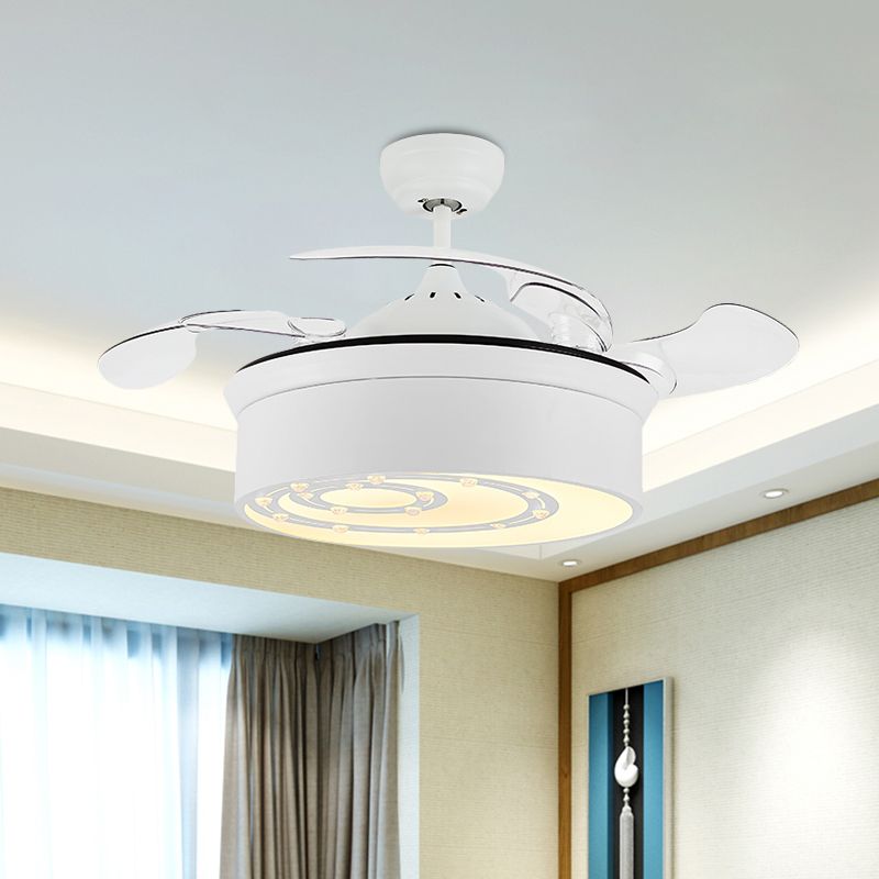 16" W White Floral/Drum Ceiling Fan Light Modern Crystal Bedroom LED Semi Flush Mount with 3 Retractable Blades