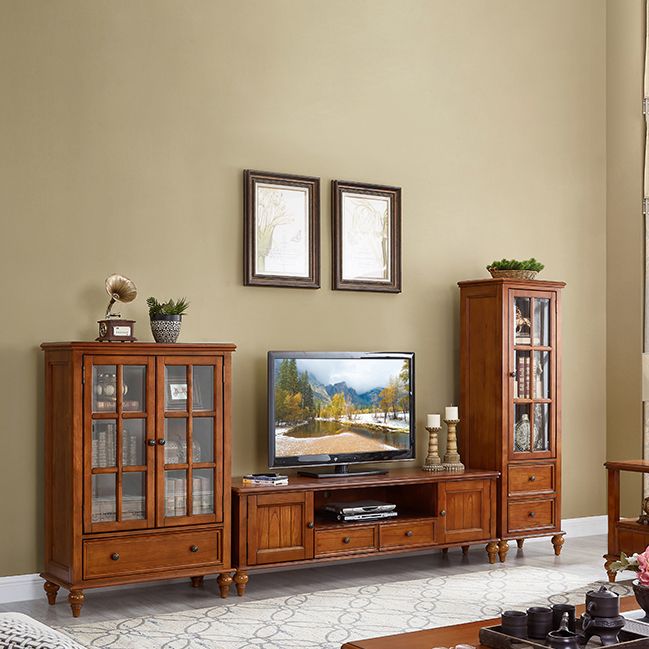 Solid Wood TV Stand Traditional TV Cabinet with Drawers and Doors