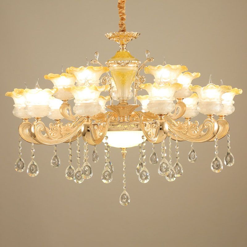 Petal Frosted Glass Hanging Light Kit Minimalistic Gold Pendant Chandelier with Crystal Droplet