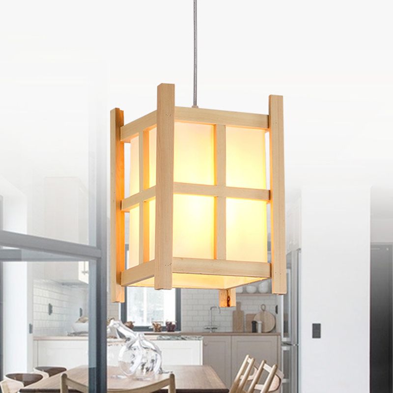 Wooden Square Pendant Lighting Asian 1-Light Hanging Lamp with Paper Shade for Restaurant