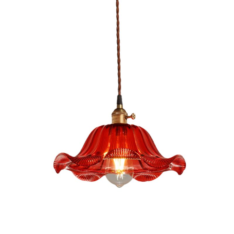 Scalloped Pendant Light Industrial 1 Light 8"/10"/12" Wide Red Glass Hanging Lamp for Living Room