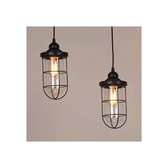 2/3 Bulbs Caged Multiple Lamp Pendant Industrial Black Clear Glass Hanging Light Kit, Linear/Round Canopy