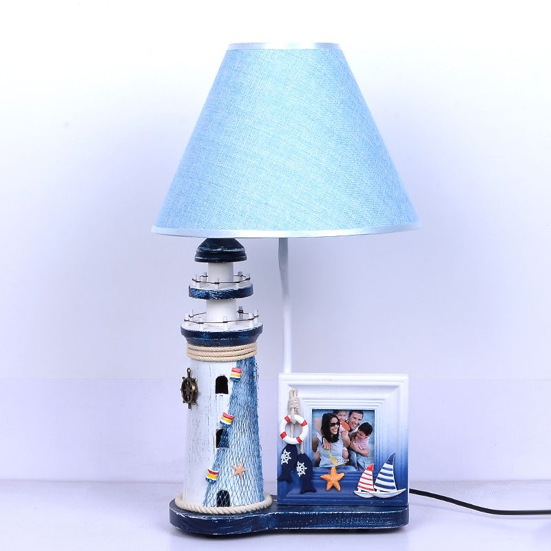 Lighthouse Wood Night Lamp Kids 1 Bulb Blue Table Light with Fabric Shade and Photo Frame