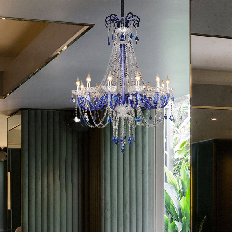 Crystal Candle Hanging Chandelier Modern 12 Lights Blue Ceiling Lamp for Balcony