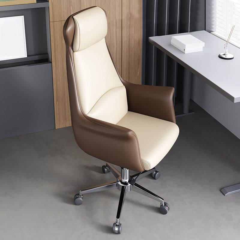 Modern Arms Included Chair with Wheels High-Back Leather Desk Chair in Black/Brown