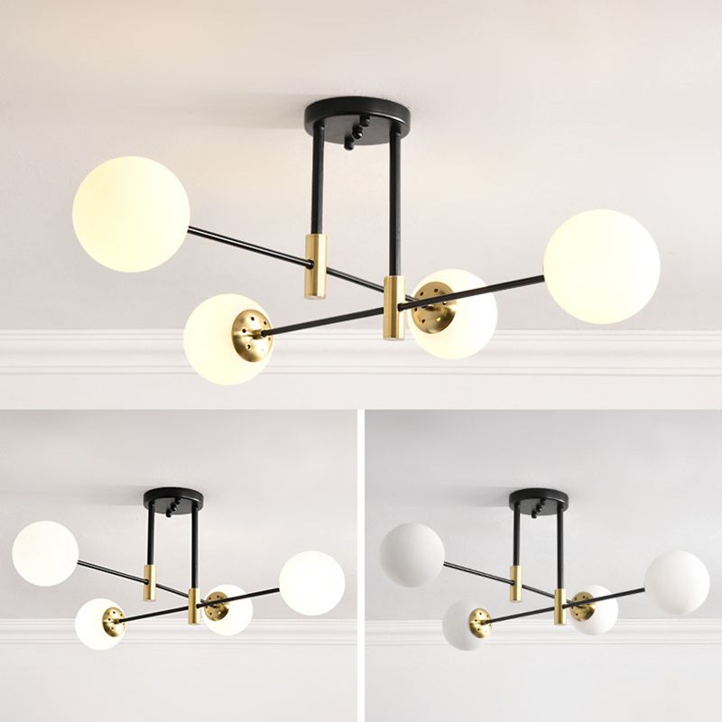 Opal Glass Shade Semi Flush Mount in industriale Luce a soffitto radiale in metallo in metallo in nero e oro