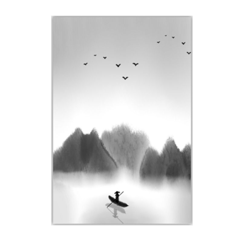 Light-Color Asian Wall Art Boat Floats on Lake by the Foggy Forest Canvas Print for Dining Room