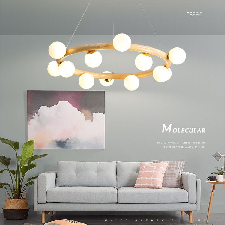 Modern Ceiling Pendant Wood Light Opal Glass Light Foyer Indoor Light