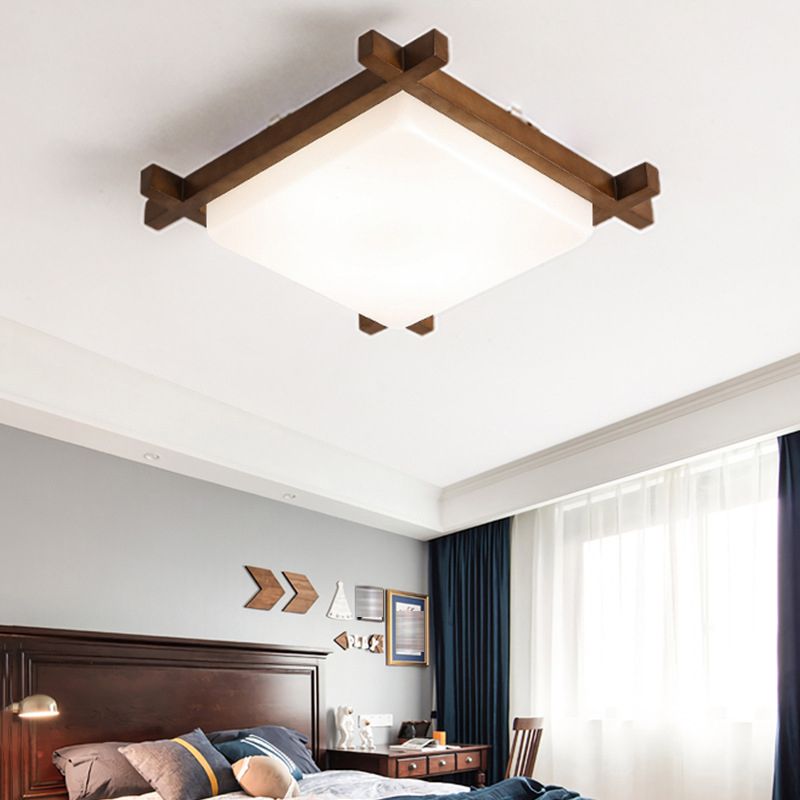 Square Shape Flush Mount Modern Style Wood 1 Light Flush Ceiling Light in Brown