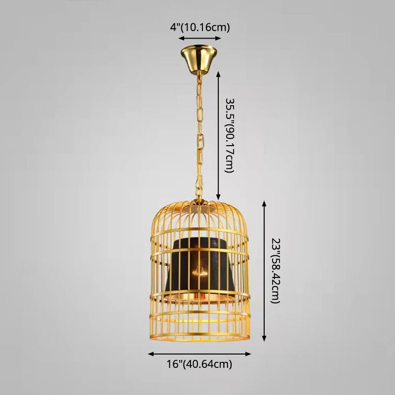 Gold Plated Birdcage Hanging Lamp Country Metal 1 Bulb Restaurant Ceiling Light with Cone Shade