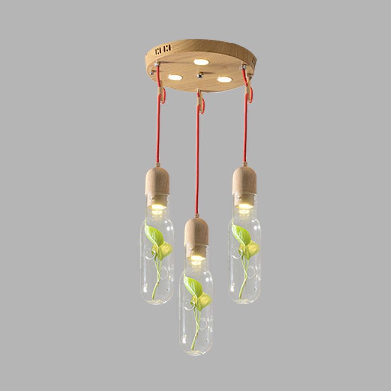 Wood 3/5/7 Bulbs Cluster Pendant Antique Metal Bottle LED Ceiling Lamp with Plant Container for Living Room