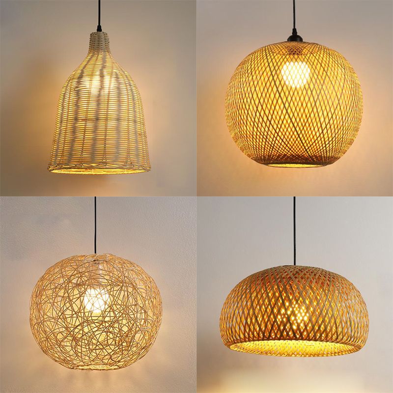 Japanese Style Geometric Shape Pendant Bamboo 1 Light Hanging Lamp for Tea Room